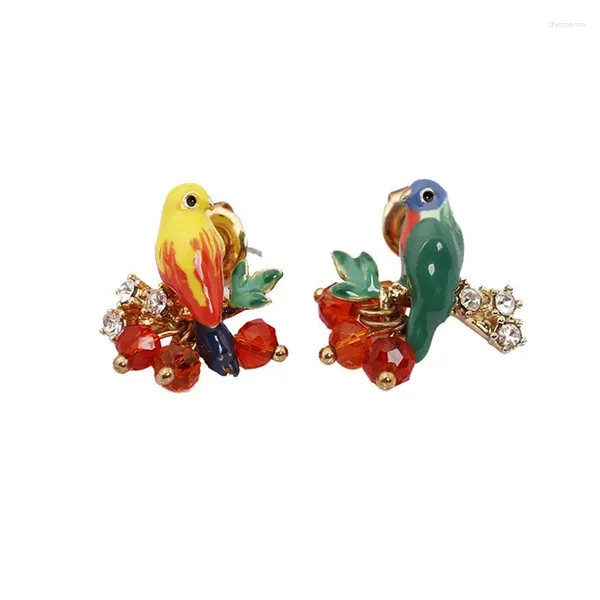 Boucles d'oreilles à tige en émail, personnalité à la mode, perroquet oiseau asymétrique, Style doux et frais, peint à la main