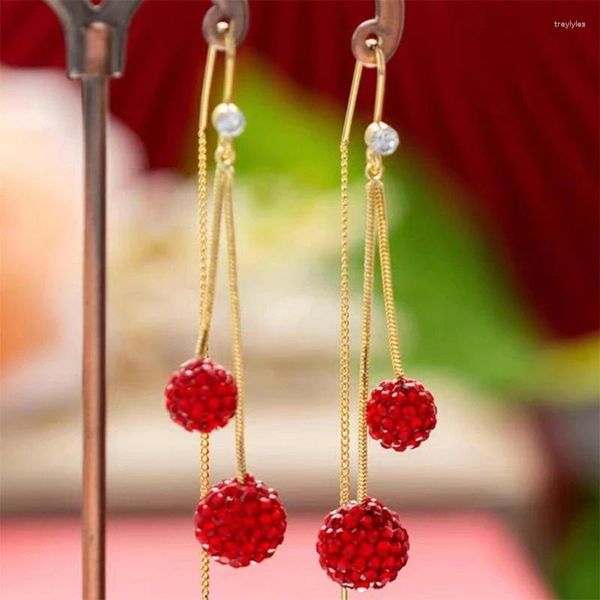 Pendientes de tuerca de moda rojo lleno de bola de circón mujeres temperamento elegante pendiente de borla larga regalos de joyería de fiesta