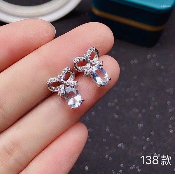 Pendientes de sementales Fashion Silver Bowknot 5 mm 7 mm Natural Aquamarine Solid 925 Joyas