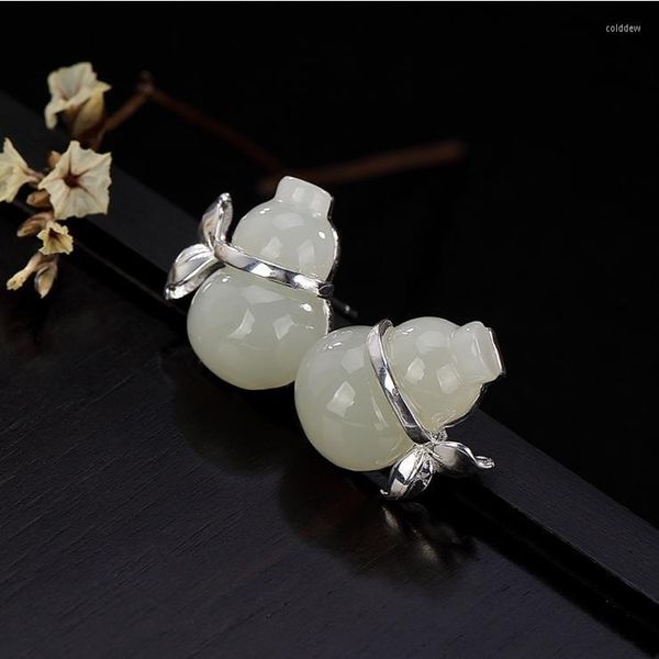 Pendientes de tuerca de moda de Color plateado, calabaza de Jade de imitación para mujer, abalorio de piedra blanca, joyería para fiesta de cóctel