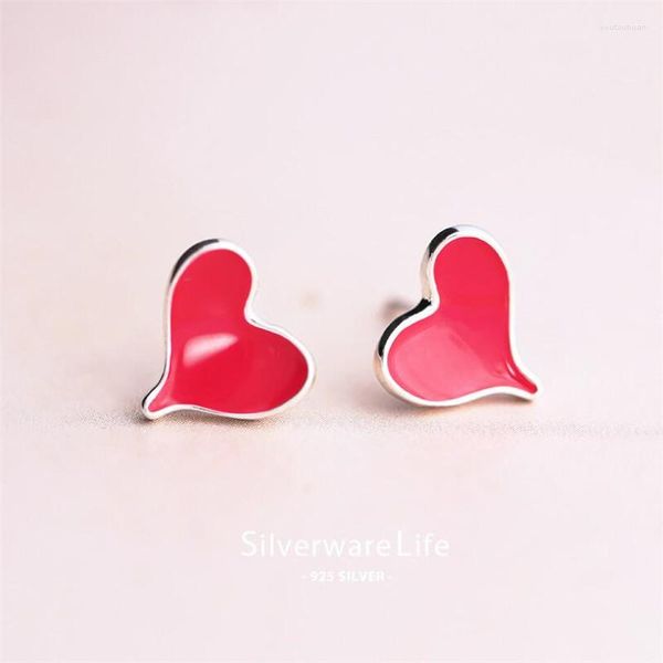 Pendientes de tuerca para mujer, joyería chapada en plata, corazón de melocotón Simple, epoxi rojo, amor, E044