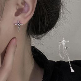Boucles d'oreilles à clous pour femmes, couleur argent, asymétrique, croix, étoile, chaîne, pompon, tendance, cristal brillant, goutte, bijoux Y2K, 2024