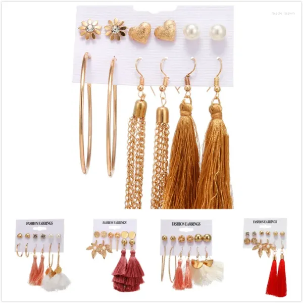 Boucles d'oreilles à la mode pour femmes, ensemble de boucles d'oreilles en perles et strass, feuilles géométriques, pampilles, cerceau, bijoux cadeau