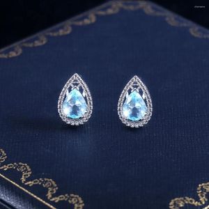 Pendientes de tuerca moda temperamento mujer luz Retro azul Zirconia cúbica en forma de gota señoras uso diario joyería regalos de cumpleaños