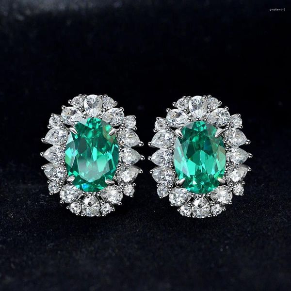 Pendientes de tuerca tendencia de moda 925 con incrustaciones de plata 5A circón en forma de huevo sintético Paraiba verde de gama alta de lujo con diamantes completos para mujer