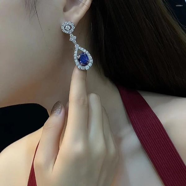 Boucles d'oreilles longues pour femmes, tendance, argent S925 incrusté de Zircon 5A, Tanzanite bleue, tempérament Simple, assortie avec tout