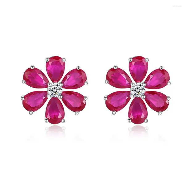 Boucles d'oreilles à la mode polyvalentes en argent 925, clous d'oreilles pour femmes, marguerite, camélia de montagne, plein de diamants, fleurs rubis simples