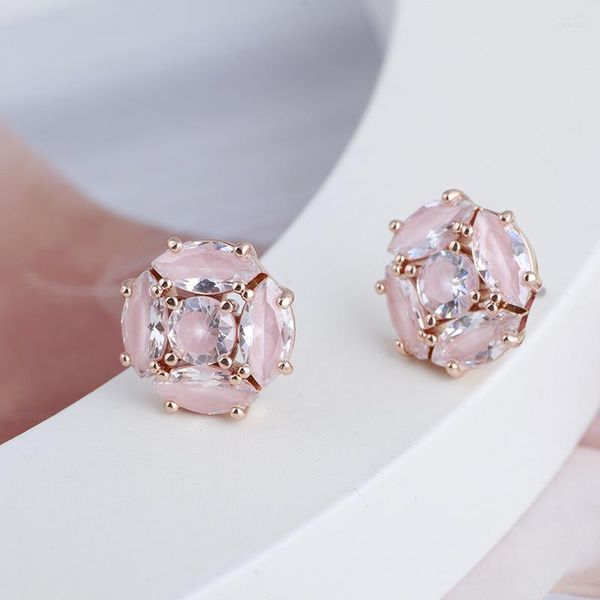 Boucles d'Oreilles Mode Polyvalent Incrusté Brillant Symphonie Transparent Zircon Rose Fleurs Doux Tempérament