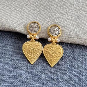 Boucles d'oreilles Vintage en cuivre plaqué mat, en forme de cœur, perle Portrait, aiguille en argent 925, Clips d'oreille, bijoux pour femmes