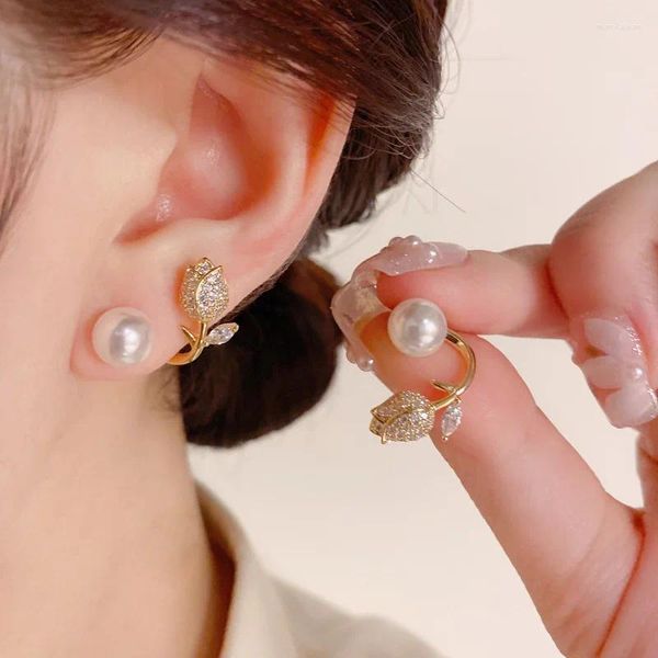 Boucles d'oreilles en Zircon pour femmes, fleur de tulipe, perle, luxe coréen, suspendues au dos, bijoux exquis, cadeaux pour filles
