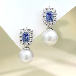 Boucles d'oreilles à la mode tanzanienne bleu artificielle mère de perle beige 925 Ensemble de pendentif auricol en argent avec diamant à haute teneur en carbone polyvalent