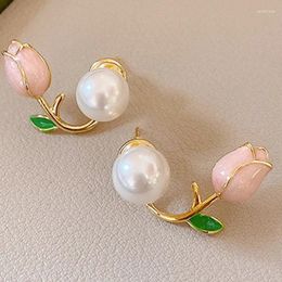 Pendientes de tuerca FEEHOW flor de tulipán rosa para mujer dulce romántico Floral pendiente de perla simulada accesorios de fiesta de vida diaria