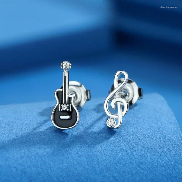 Pendientes de tuerca para mujer, bonito pendiente con nota musical, guitarra negra Vintage pequeña para mujer, regalo de joyería nupcial de Color plateado a la moda Simple