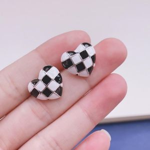 Boucles d'oreilles femme mode 925 argent Sterling damier mignon doux petit coeur bijoux femmes filles cadeau EH063