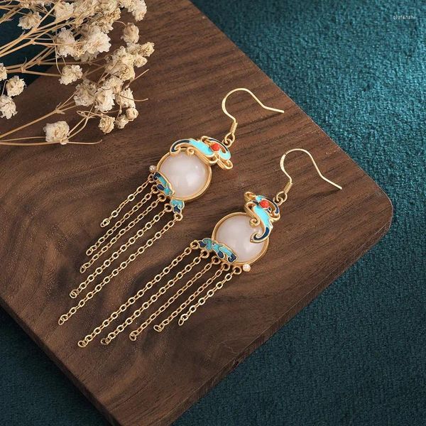 Pendientes de tuerca de imitación de Jade para mujer, joyería de boda de Color dorado Vintage, borla pintada esmaltada de lujo