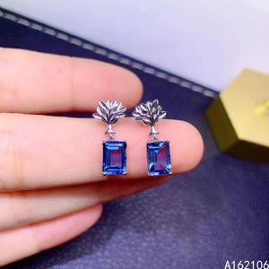 Pendientes de tuerca joyería fina 925 Plata pura estilo chino Natural Londres Topacio Azul chica lujo rectángulo gema soporte para oreja
