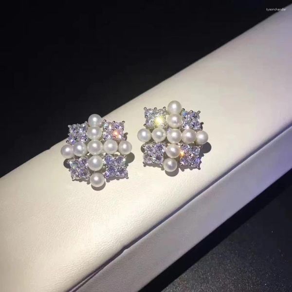 Pendientes de botón Joyería Fina Pendiente de Perlas Cultivadas Reales Plata de Ley 925 Cruz Cuadrada Mujeres