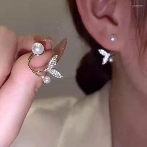 Stud -oorbellen Fishtail Imitatie Pearlbloem voor vrouwen mode elegante Rhinestone Dangle Earring sieraden Pendientes Mujer