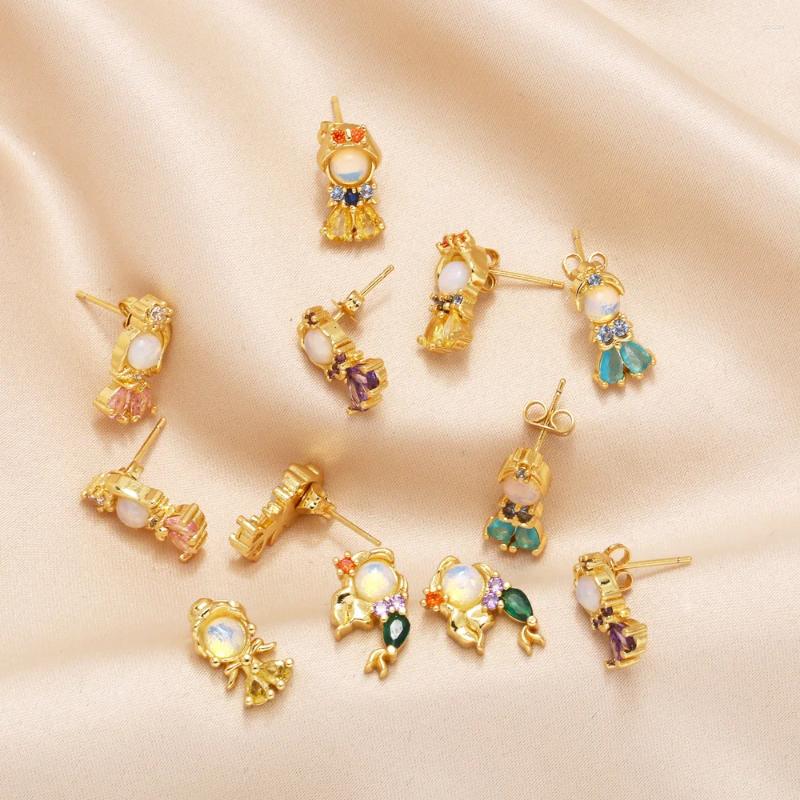Stud Earrings FLOLA Cute Cartoon Princess For Women CZ Crystal Mermaid Ear Studs Animal Jewelry Gifts Ersz13