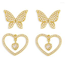 Pendientes de tuerca FLOLA CZ Pave Zirconia mariposa para mujer piedra blanca corazón cúbico joyería al por mayor Ersw98