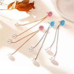 Boucles d'Oreilles Fleur Marguerite Perle Tissu Rose Gland Long Simple Sauvage Doux Beauté Bijoux