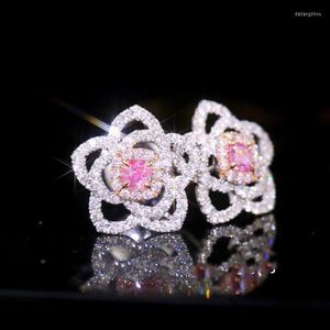 Stud -oorbellen Flower Pink Diamond Earring Origineel 925 Sterling Silver Bijou Party Wedding For Women Bridal Sieraden Gift