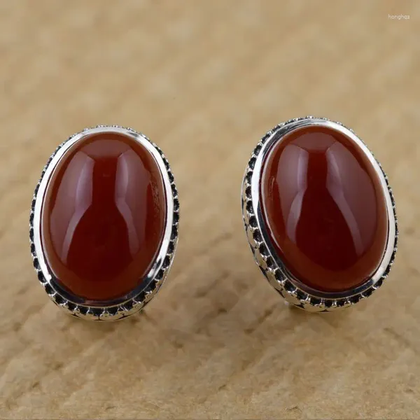Boucles d'oreilles FNJ 925 argent ovale pour femmes bijoux originaux pur S925 boucle d'oreille en Agate rouge naturelle