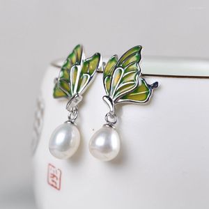 Stud -oorbellen FNJ Emailing Butterfly 925 Silver Original Pure S925 Sterling Earring Women Sieraden zoetwaterparel Pearl