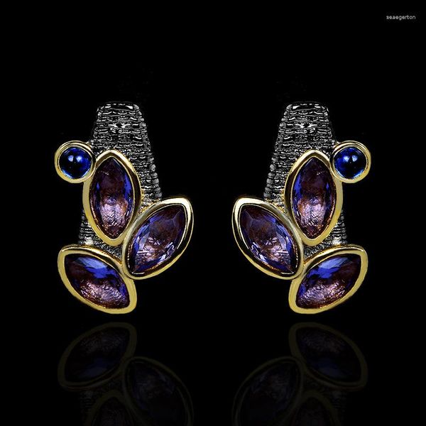 Pendientes de tachuelas para mujeres Fashion Irregular incrustado Púrpura Circón Creativo Joya de oro negro italiano