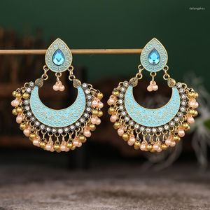 Boucles d'oreilles pour femmes forme de lune bohème strass cloche simulé perle gland bijoux Jhumki