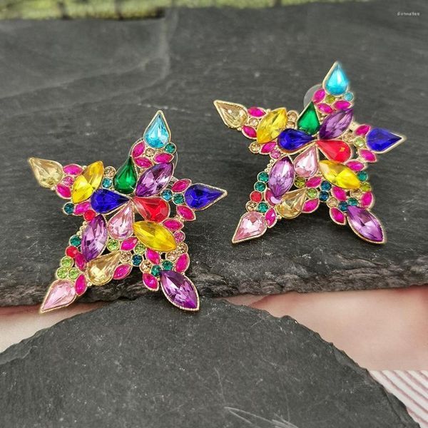 Pendientes de tuerca para mujer, declaración, estrella de cinco puntas, diamantes de imitación brillantes, bohemio, cristal Multicolor, fiesta de moda