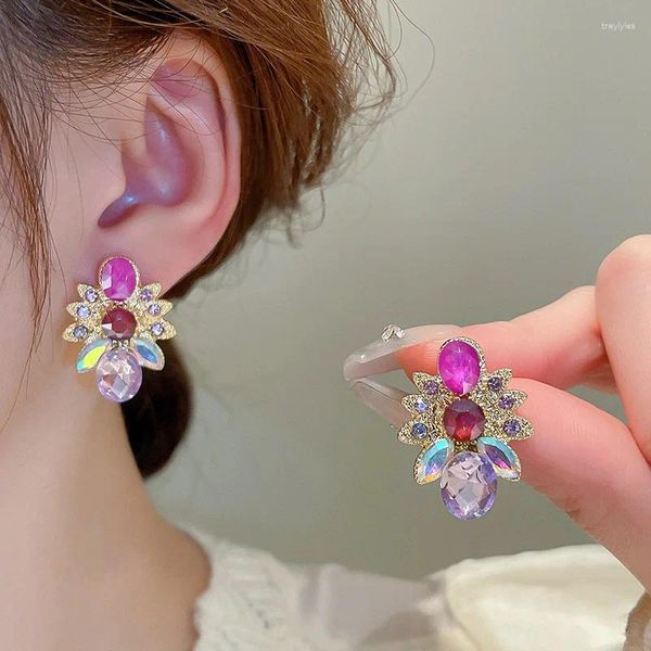 Boucles d'oreilles à clous en strass pour femmes, Style cour française, fleur ovale, bijoux de fête Vintage médiéval