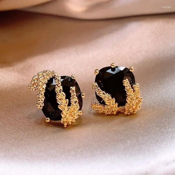 Pendientes de tachuelas Diseño francés Joyas de moda Bloque de oro Chapado Black Crystal Wheat Ear Elegantes Accesorios de trabajo diario para mujeres