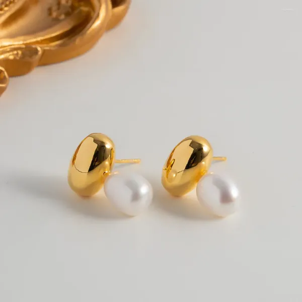 Pendientes de botón Frijoles dorados franceses Grandes perlas naturales de agua dulce Chapado en oro de 18 quilates Joyería elegante