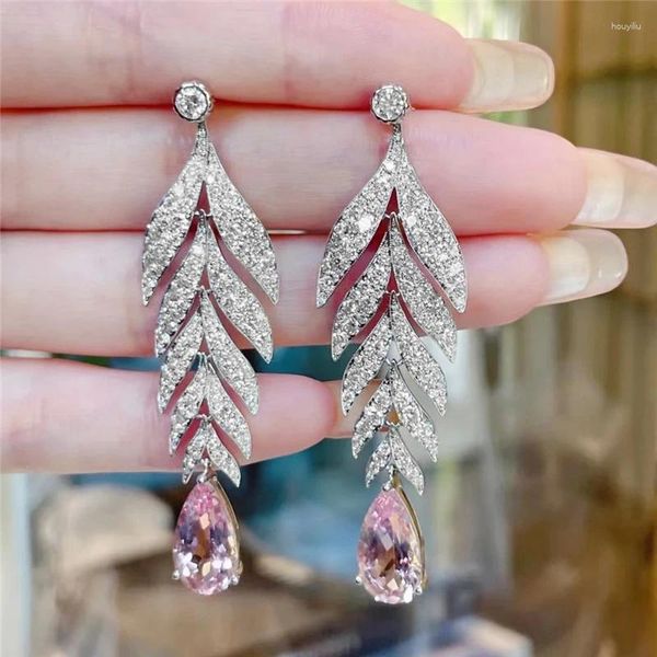 Pendientes de tuerca de gama alta francesa, elegante, rosa, piedra preciosa en forma de gota, hoja colgante, borla larga, plata de ley S925, pendiente para citas