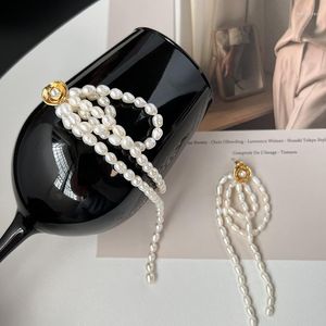 Boucles d'Oreilles Clous Français Haut de Gamme Rétro Millet D'eau Douce Grain Perle Fleur Pompon Long