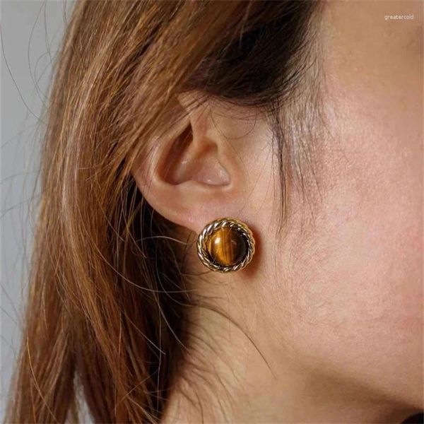 Pendientes de tuerca con piedra de ojo de tigre redonda para mujer, luz francesa de lujo, joyería con abalorio de botón de estilo Retro a la moda de Europa y América