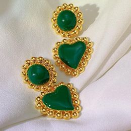 Ohrstecker Französischer Retro-Ohrring. Messing 18K Gold Pfirsich Herz Tropfen Glasur Grüne Farbe Korea Schmuck Vintage Mädchen Geschenk