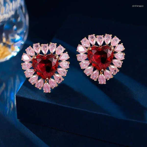 Pendientes de tuerca con forma de corazón de piedra CZ brillante francés para mujer, pendientes de color rosa dulce, joyería llamativa de diseñador de marca