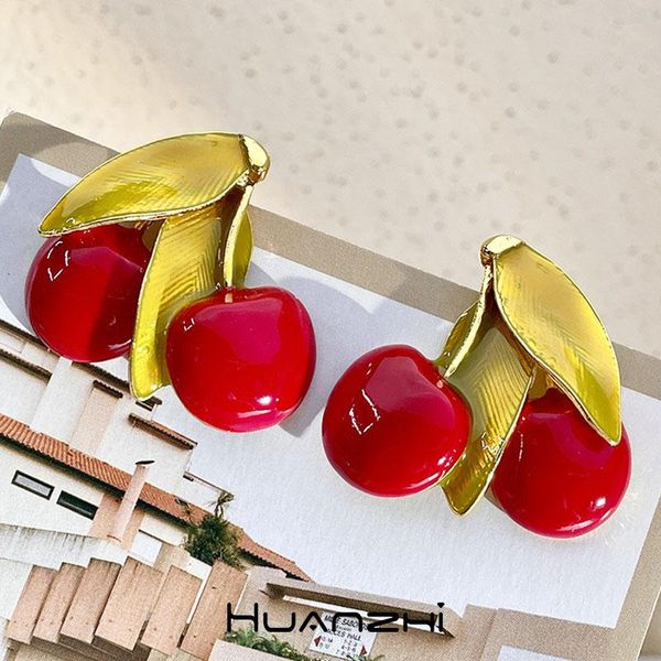 Pendientes de tuerca francés Vintage esmalte rojo goteo glaseado fruta Metal cereza para mujer chica verano dulce joyería regalo HUANZHI 2023