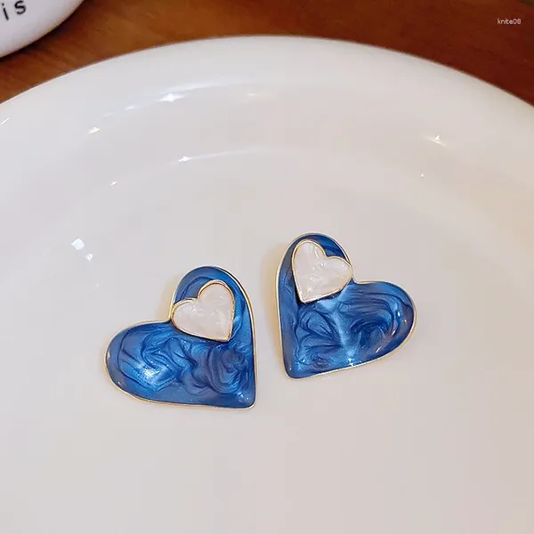Boucles d'oreilles à clous pour femmes françaises, bijoux de tempérament en métal bleu et blanc en forme de cœur, goutte d'huile