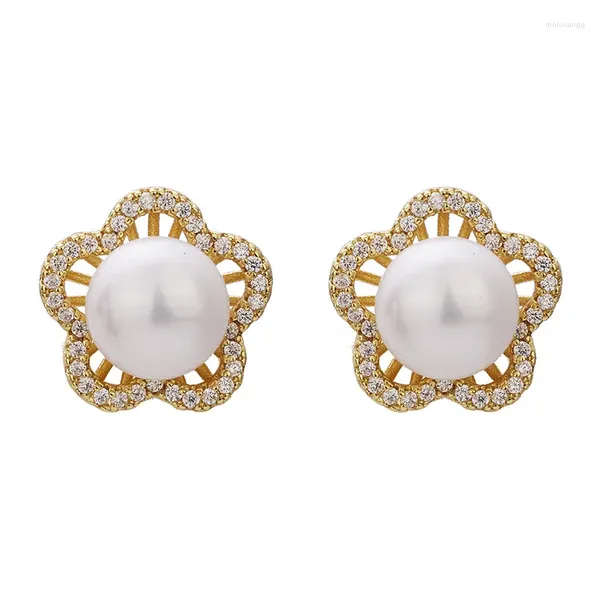 Boucles d'oreilles perles d'eau douce 8-9 Mm fleur de prunier à cinq pétales tempérament plaqué argent Micro-ensemble zircone accessoires de bijoux de fête