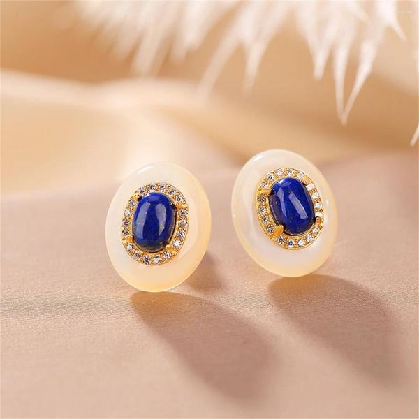 Pendientes de tuerca FS lapislázuli S925 plata esterlina colgante ovalado moda fina bodas joyería Trendsetter mujeres MeiBaPJ