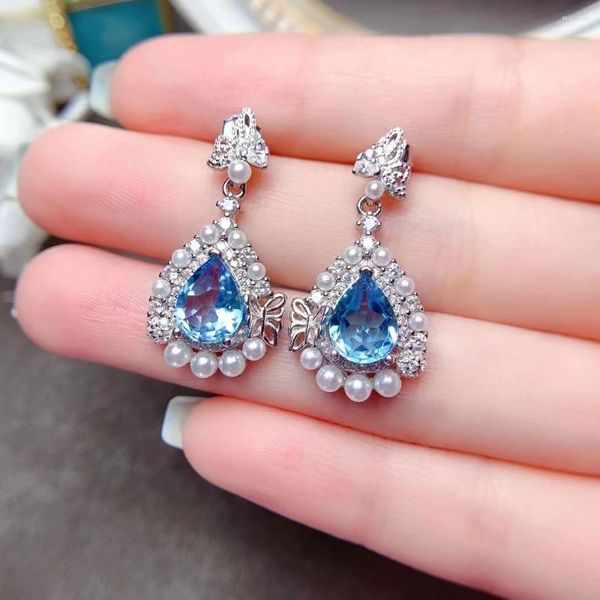 MeiBaPJ – boucles d'oreilles FS en topaze bleue suisse naturelle, bijoux de luxe en argent pur S925, breloque Fine à la mode, bijoux de mariage pour femmes