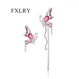 Boucles d'oreilles FXLRY S925 aiguille en argent Zircon cubique AB frange asymétrique papillon pour femmes bijoux de mariage