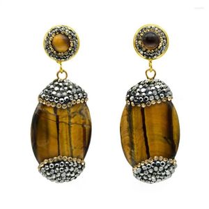 Stud -oorbellen fyjs unieke lichtgele goudkleur ovale vorm natuurlijke tijgeroogsteen met strass sieraden
