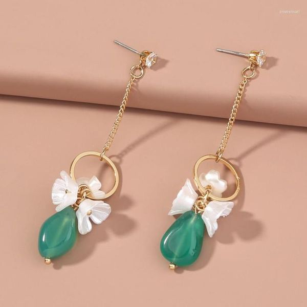 Boucles d'oreilles FYJS Unique couleur jaune clair or fleur coquille blanche pour les femmes bijoux en cristal vert