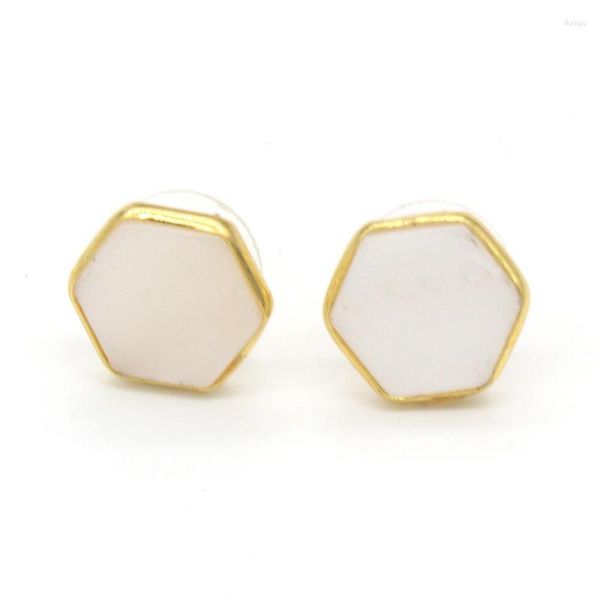 Pendientes de tuerca FYSL, Color oro amarillo claro, concha blanca hexagonal para mujer, joyería de piedra turquesa verde