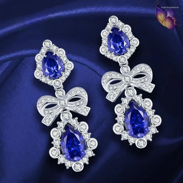 Boucles d'oreilles Gaodingtan trois trésors bleus goutte d'eau grand visage 925 argent pur diamant à haute teneur en carbone bijoux de mariage en gros