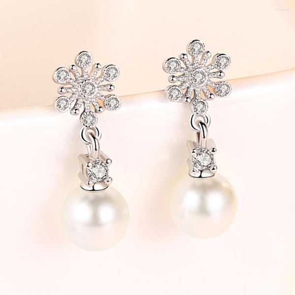 Boucles d'oreilles GE50 925 argent à la mode fleur de neige perle cristal dames bijoux femmes cadeau de noël goutte